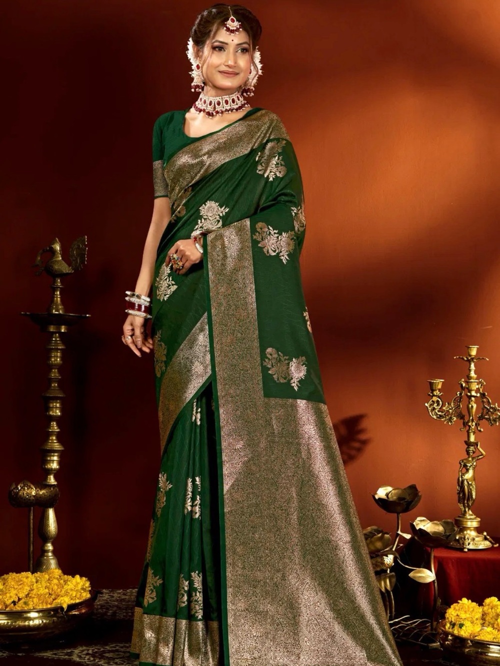 Emerald Green Floral Banarasi soft Silk Saree with Metallic Gold weaving Border